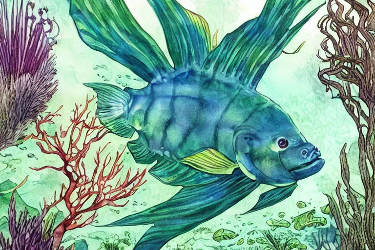 Prompt: watercolor artwork of exotic, elegant underwater tropical prints of the creatures of atlantis : : green, art nouveau, trending on artstation