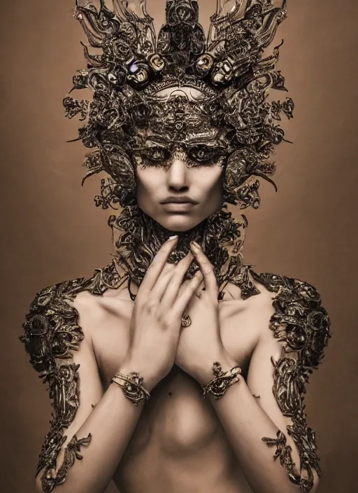 Image similar to a portrait of female model by stefan geselle and nekro borja, photorealistic, intricate details, hyper realistic, fantasy, elegant, ornate metal headpiece, photorealistic, canon r 3, photography, wide shot, symmetrical features, wide angle shot, perfect body, standing pose, feet on the ground