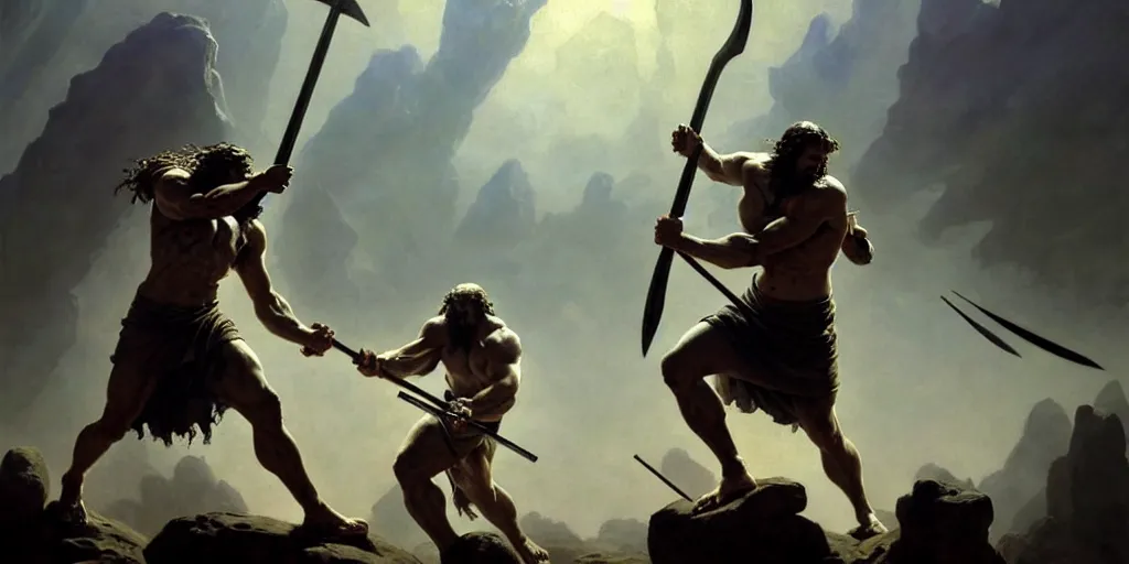 Prompt: realistic painting of biblical Cain with a spear fighting Abel with a reaper scythe, a stone altar with white smoke ascending in the background, masculine and rugged, inspired art by Frazetta + facial symmetry + bright dramatic volumetric lighting, well lit, 8k octane render, intricate, epic composition, grim yet sparkling atmosphere, cinematic lighting + masterpiece, trending on artstation, very detailed, masterpiece, stunning