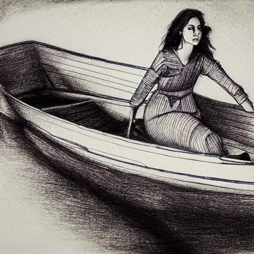 Prompt: ballpoint pen drawing of a woman riding a boat