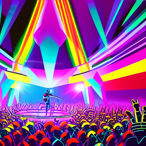 Image similar to painting of Daft Punk dancing on the stage in front of the crowd, colorful lights, illustration, artistic, hyper detailed,