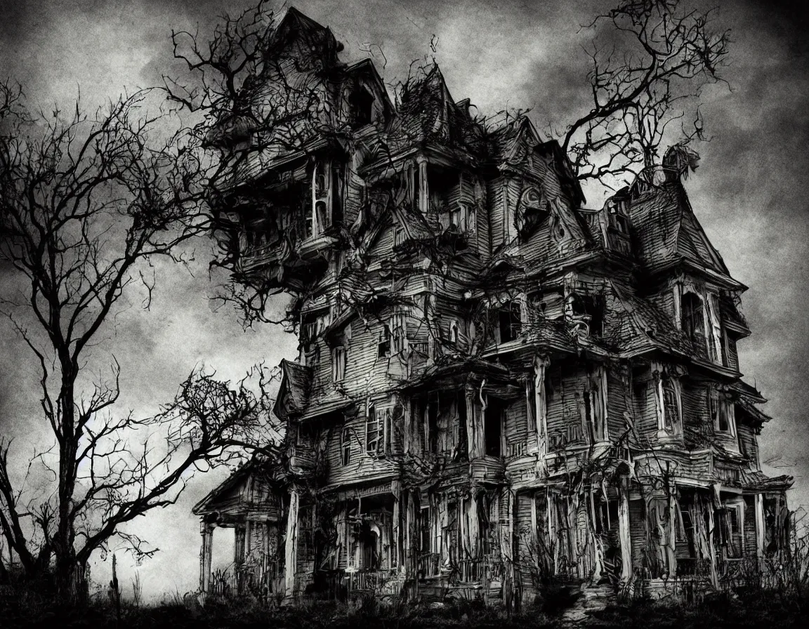 Prompt: a scary haunted house at night, sci-fi art, photography, in the style of tim burton