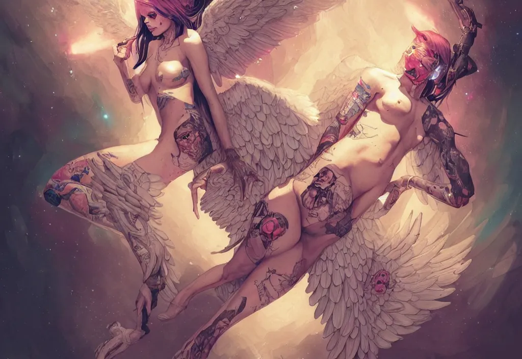 Prompt: an angel in space covered in tattoos, fantasy, anatomically correct, by greg rutkowski, by greg tocchini, by james gilleard, by joe gb fenton, by kaethe butcher, dynamic lighting, gradient light yellow, pink, blonde cream and white color in scheme, cyberpunk aesthetic