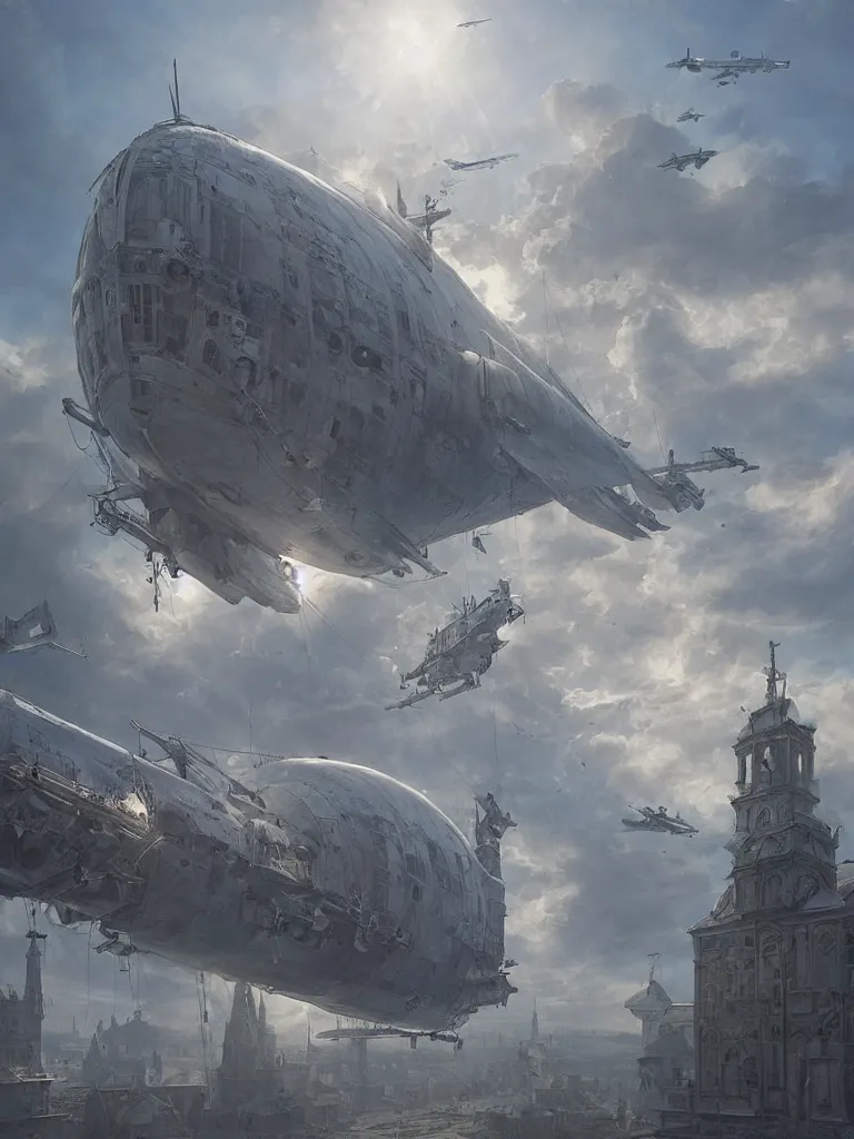 Prompt: a large dieselpunk airship is standing in the air over a splendid white church in russia, full morning sun, matte painting by greg rutkowski, craig mullins, levitan, rozalski