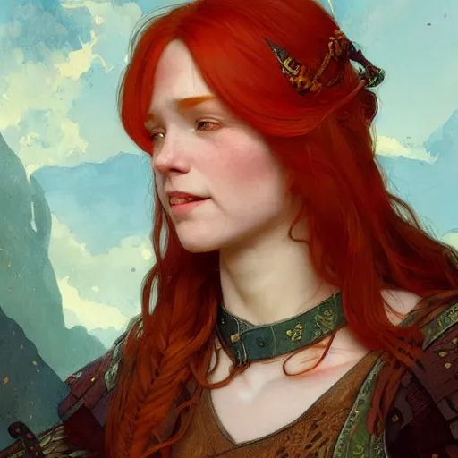 Prompt: portrait of a redhead human bard in a medieval tabern, joyful, fantasy, highly detailed, digital painting, artstation, concept art, character art, art by greg rutkowski and tyler jacobson and alphonse mucha