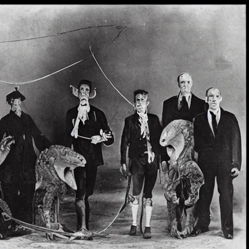 Prompt: historic photo, epic image of a Lovecraft circus with otherworldly beasts