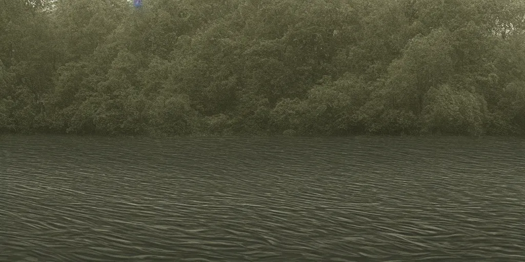 Image similar to a infinitely long thick rope zig - zagging snaking across the surface of the water into the distance, floating submerged rope stretching out towards the center of the lake, a dark lake on a cloudy day, atmospheric, color film, trees in the background, hyper - detailed photo, anamorphic lens