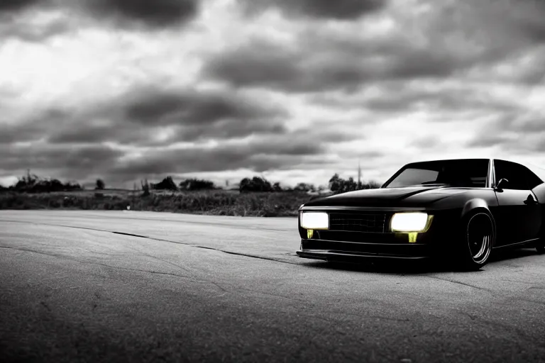 Prompt: widebody all black audi camaro b 7 ( 1 9 6 9 ) modernized, need for speed : carbon, at night, sci - fi, neon lines, phonk music background, smoke behind wheels, noise, dark, establishing shot, by simon stalenhag