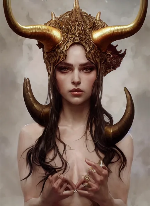 Prompt: horns demon, elegant, wearing a royal robe, hyper realistic, extremely detailed, dnd setting!, shiny wet skin!!, raytracing, art by artgerm, greg rutkowski and alphonse mucha, artstation, octane render,