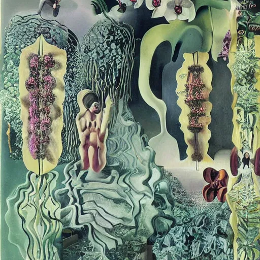 Image similar to infinite space on monestras plants and orchids by cirico, salvador dali