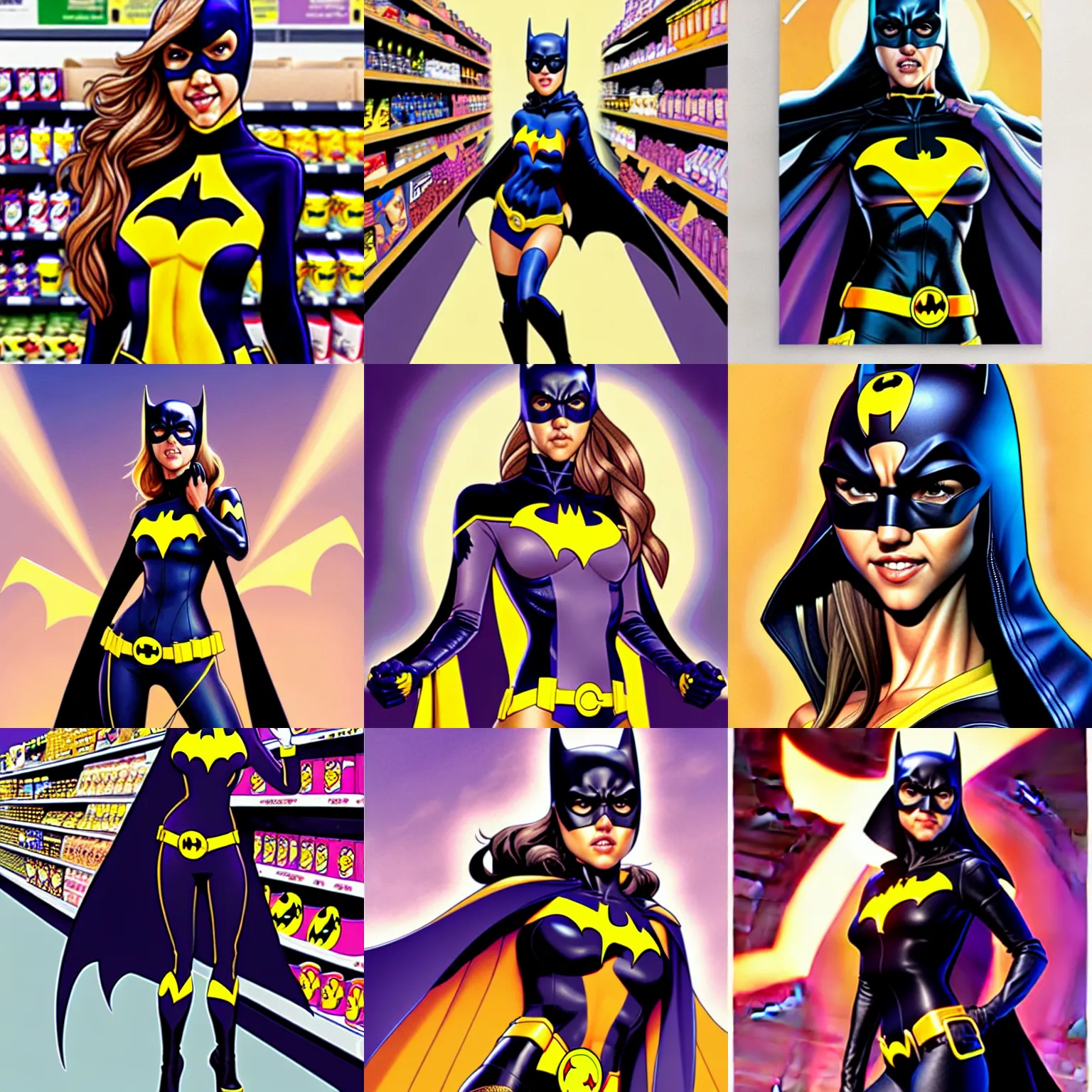 Prompt: jessica alba as batgirl standing in line at a crowded grocery store, artgerm, wlop, loish, mucha,