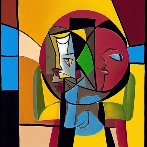 Image similar to A vividly detailed wide angle cubism painting of a illusory women sitting on an almost depthless flat chair with an African mask on her face looking angry, muted browns, yellows and blacks, digital art