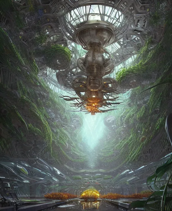 Image similar to a giant weird industrial plant made out of isopod dragonflies, in the style of a strange asymmetrical spaceship, overgrown with disturbing orchids, partly cloudy, somber, dramatic lighting, by dan mumford, yusuke murata, makoto shinkai, ross tran, cinematic, unreal engine, cel shaded, featured on artstation, pixiv