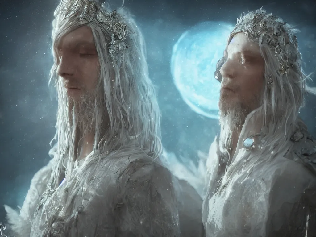 Image similar to !dream solarpunk white wolf high priest realistic, cinematic style, filmed in 70mm , divine realm of gods, angelic face, volumetric lighting, octane render, ethereal, super fine details, intricate jewelry, photographic, concept art, artist Leonardo DaVinci, unreal engine, 8k,