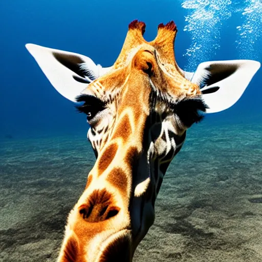 Prompt: giraffe wearing a diving mask underwater on a swimming pool