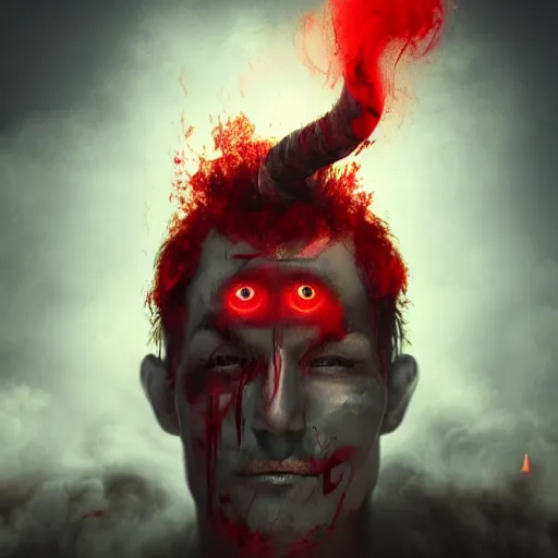 Image similar to realistic extremely detailed photo style portrait painting of a demon with smoke for a head and red burning eyes, rich moody colors, octane render, 4k