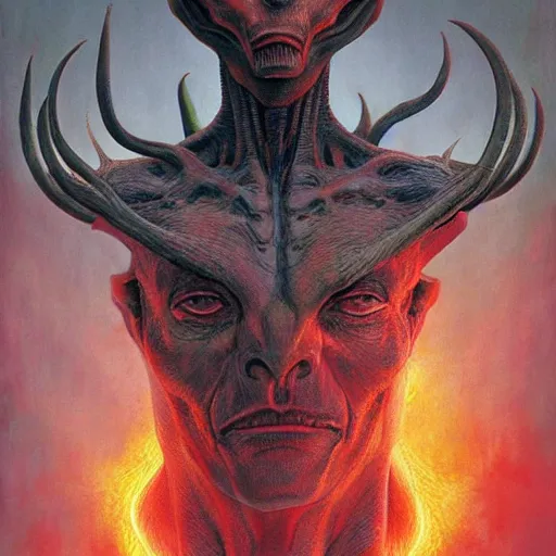 Image similar to realistic alien medium shot portrait with horns, green head. red eyes, human eyes, background flames, by wayne barlowe