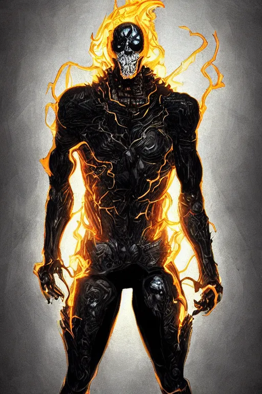 Image similar to ghost rider symbiote, comic strip style, dynamic lighting, fantasy concept art, trending on art station, stunning visuals, creative, cinematic, portrait, ultra detailed