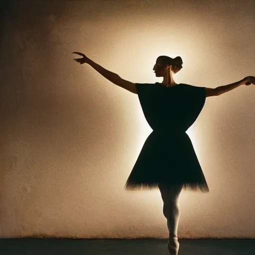 Image similar to cinematic dark photograph of a woman's head and shoulders, ballet pose, with retro futuristic cyborg elements photographed by bill henson