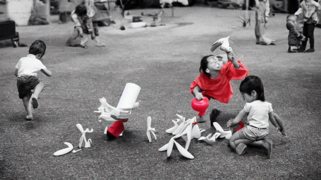 Prompt: 1 9 6 0's children playing with plastic flying tornado - and spiral - shaped toy called