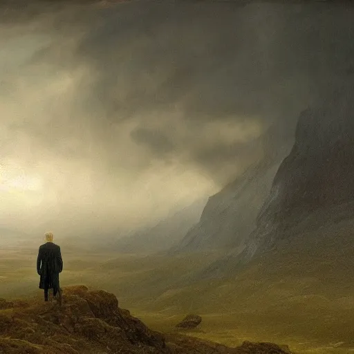 Image similar to donald trump in anguish a desolate misty landscape, painted by caspar david friedrich and greg rutkowski