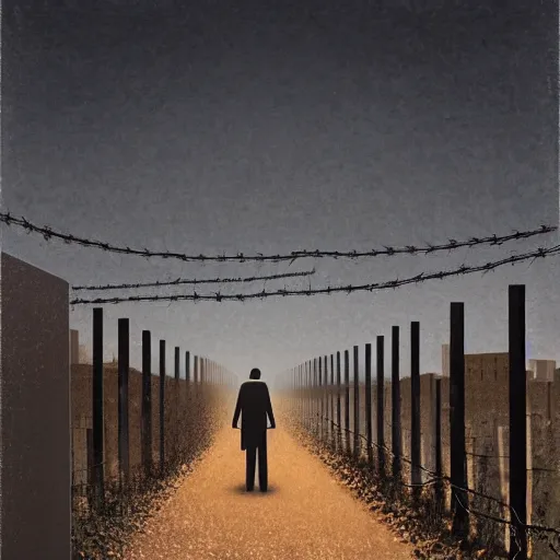 Prompt: a dystopian matte painting of a scared man standing in front of a fence with barbed wire by emiliano ponzi, james gilleard, george ault, david hockney, atey ghailan, albert namatjira, marius borgeaud, minimalist, bauhaus, retrofuturism, concept art, matte background, matte drawing, generative art