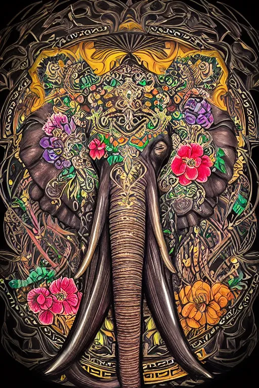 Prompt: Painted dark-wood panel relief carving of a close up of a Flowerpunk Matriarch Elephant, ornate border frame, explosion of colorful flowers, dark wood, intricately carved, black ink, festival of rich colors, intricate details, cinematic lighting, volumetric lighting, post-processing, art nouveau, tarot, fractal art, mandala, by andreas rocha and john howe, and Martin Johnson Heade, featured on artstation, featured on behance, golden ratio, hyper detailed, photorealistic, epic composition, center spotlight, f32, well composed, symmetrical, UE5, 8k