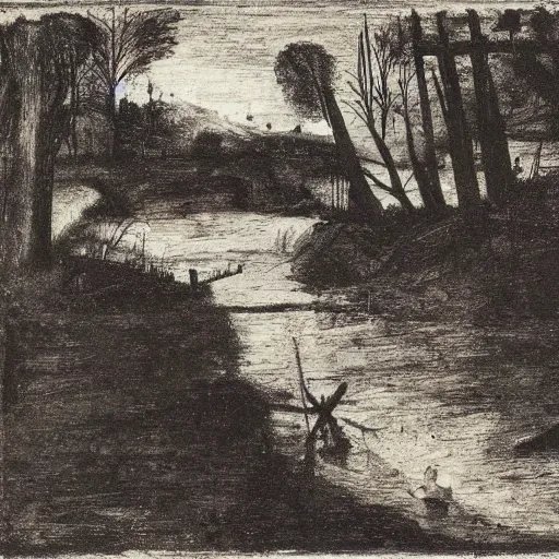 Image similar to abandoned dark stream sunray weed, by alberto giacometti and pieter bruegel the elder, rococo, smooth