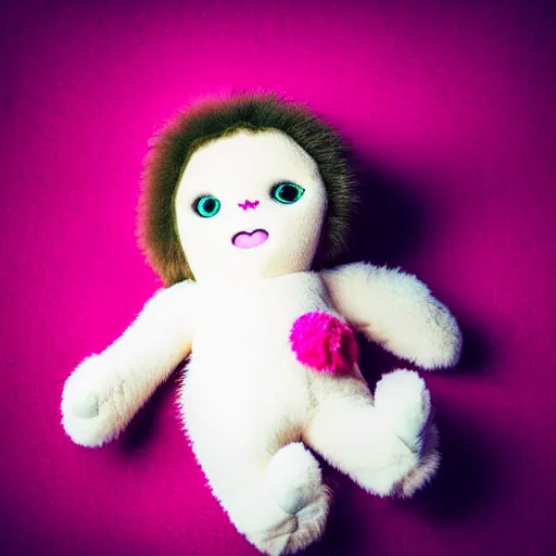 Image similar to lomography long shot of cute plush fluffy chthonic doll monster made to look like a baby, bokeh background