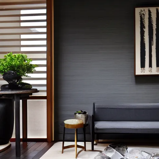 Image similar to lounge and dining room, stone, interior design, stylish luxury hotel living room design, yakisugi, black vertical slatted timber, textures, feminine, black walls, art, Japanese pottery vase with flowers, kakejiku, seasonal, Japanese influences