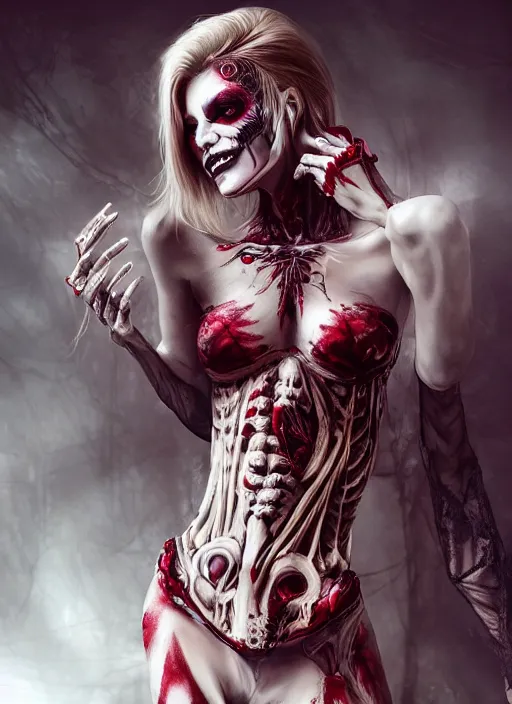 Prompt: beautiful blonde female necromancer who looks like mila jovovich wearing skeleton bodypaint, skull facepaint, and a crimson skirt, hyper realistic digital illustration, hd, intricate, depth of field, soft lighting, elegant, character design