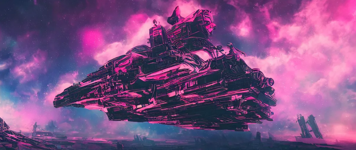 Image similar to space, hyperdetailed illustration, portrait big dark punk, mohawk, stars, pink, neon, oil painting, rich deep colors masterpiece, pirate neon ship, ultra detailed, contrast, heaven pink, clouds, volumetric light, atmospheric lighting, dramatic, cinematic, moody, octane render 4 k, 8 k