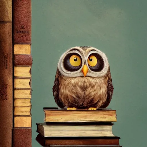 Prompt: long shot of a very cute plushy owl with eyelids half closed sitting on a pile of antique books, by esao andrews, by pixar, humorous illustration, hyperrealistic, big depth of field, fresh colors, dim light, 3 d octane render conceptart, 4 k, hyperdetailed, trending on artstation