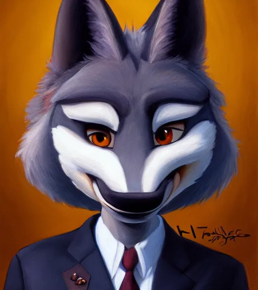 Prompt: full figure oil painting of anthromorphic furry female wolf, in style of zootopia, female fursona, furry, furaffinity, 4 k, deviantart, furry art, fursona art, wearing black business suit, business suit, wolf fursona, expressive feminine face, female,