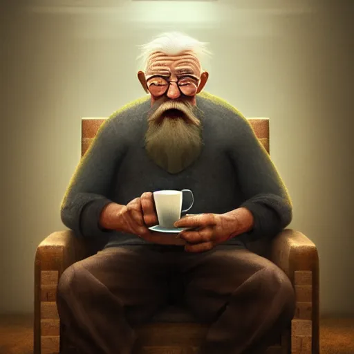 Image similar to old man sitting on a chair drinking coffee, by etienne hebinger, cgsociety, fantasy art, 2 d game art