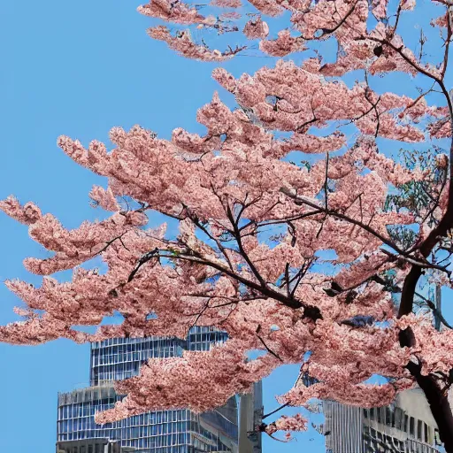 Prompt: a painting of a Sakura tree growing on the top of a skyscraper