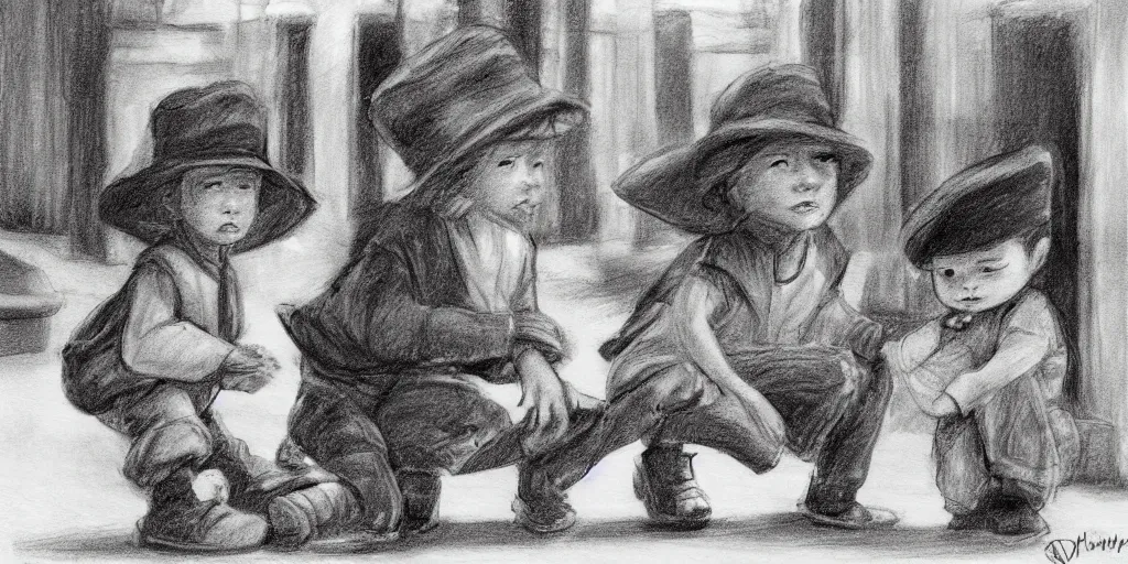 Prompt: A little boy in a hat drawn in the style of realism tells a story to his sister in the style of Disney that he saw a man on the moon who puts photos of fallen Marvel heroes of the Soviet Union on the roads, art 4k