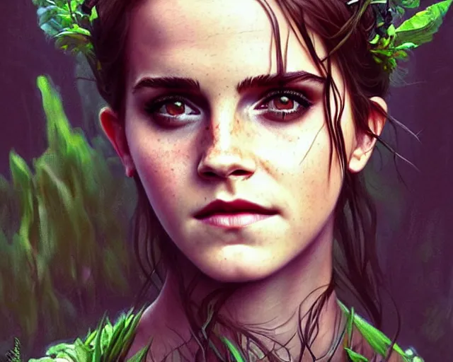 Prompt: mindblowing portrait of emma watson as a swamp witch, green colored skin, deep focus, d & d, fantasy, intricate, elegant, highly detailed, digital painting, artstation, concept art, matte, sharp, illustration, hearthstone, art by artgerm and greg rutkowski and alphonse mucha