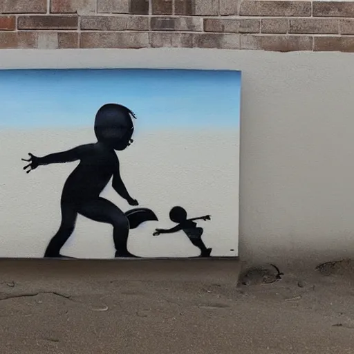 Prompt: a surfing baby painted by banksy