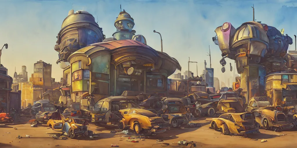 Image similar to overwatch building, stylized, exterior, architecture, in watercolor gouache detailed paintings, insanely detail, artstation, 8 k, futuristic, big medium small, arcane, simon stalenhag, food stall, interesting shapes & form, golden ratio, megastructures, desolate landscape, desert, slums, junkyard, oriental, asian, japanese alleyway