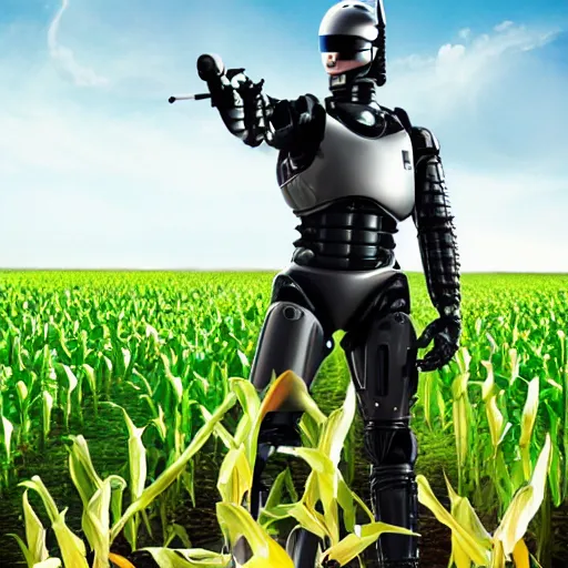 Image similar to A corn on the cob as robocop: robocrop. Movie poster.