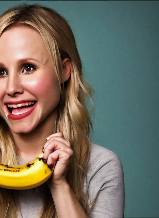 Prompt: portrait of kristen bell eating a banana, intricate, elegant, highly detailed, photorealistic, trending on artstation, digital art