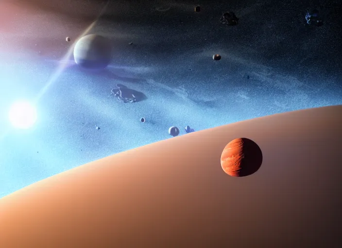 Image similar to a desolate planet orbitting a red star, hyperrealistic, nasa, octane render, 8k, denis villeneuve, realistic, space