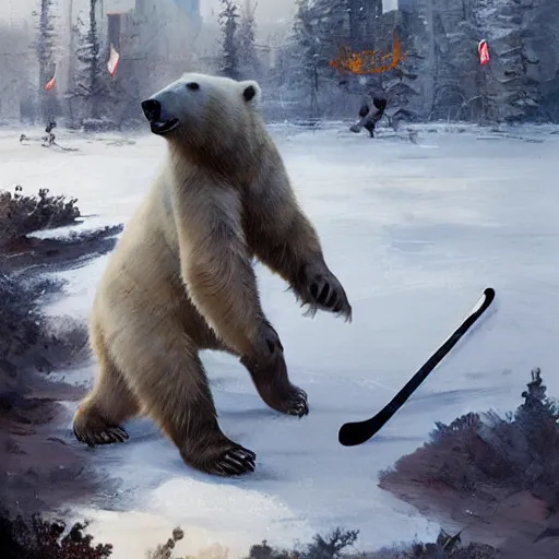 Image similar to polar bear playing hockey, intricate, sharp focus, illustration, highly detailed, digital painting, concept art, matte, art by ruan jia and wlop and greg rutkowski, masterpiece