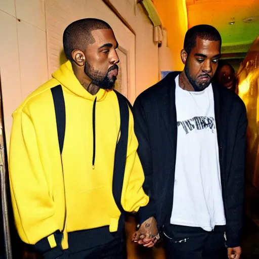 Prompt: candid photo of pete davidson and kanye west holding hands at night leaving a club, TMZ, Sony A7S, 35mm lens, photo