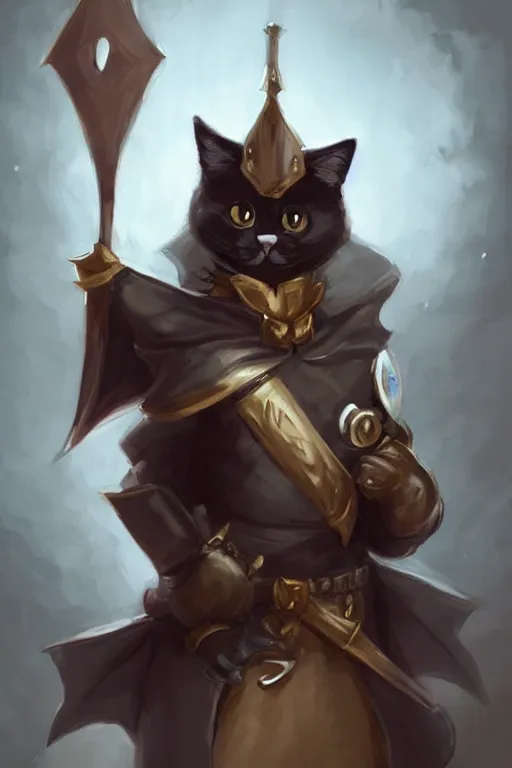 Image similar to cute anthropomorphic tuxedo cat knight wearing a cape and holding a bow, dark armor, cute and adorable, pretty, beautiful, DnD character art portrait, matte fantasy painting, DeviantArt Artstation, by Jason Felix by Steve Argyle by Tyler Jacobson by Peter Mohrbacher, cinematic lighting