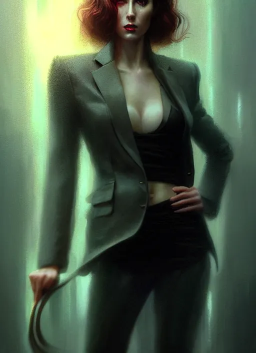 Image similar to ! dream hyper realistic portrait gorgeous, beautiful rachael rosen from blade runner set in modern times, fully clothed in a women's suit from the future, by greg rutkowski, scott m fischer, artgerm, loish, slight glow, atmospheric, anne stokes, alexandros pyromallis,