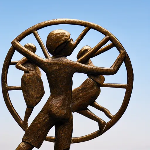 Image similar to high resolution photograph of a bronze cast stick figure sculpture in a roundabout