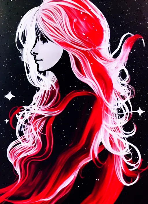 Prompt: Acrylic painting Renaissance portrait of a hopeful pretty astronaut lady with a wavy blonde hair, 4k resolution, nier:automata inspired, bravely default inspired, vibrant but dreary but upflifting red, black and white color scheme!!! ((Space nebula background))