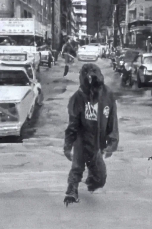 Prompt: still from vhs footage of cryptid walking down street